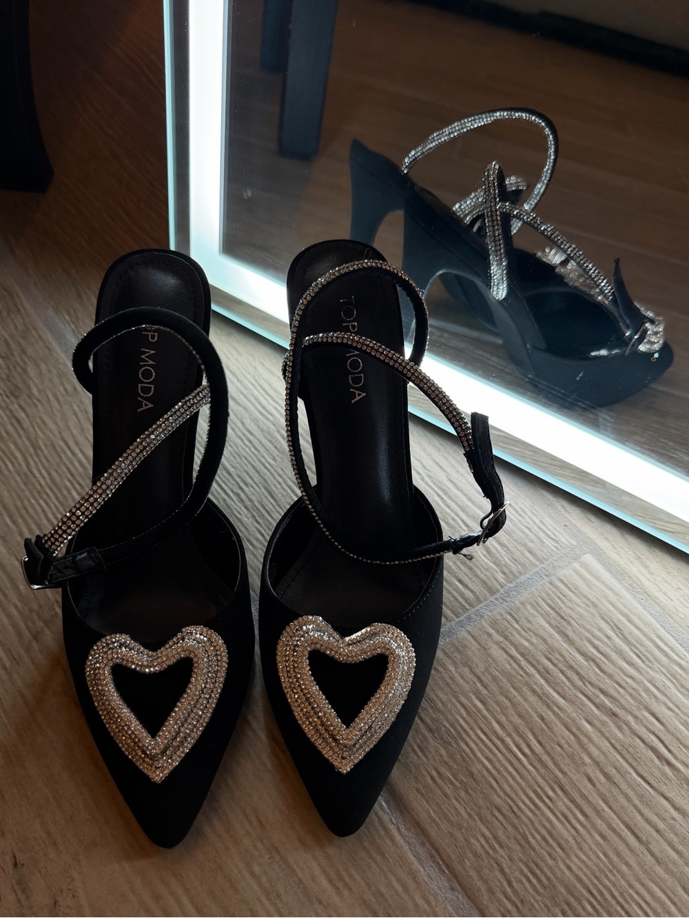 TOP Moda Black Pointed Toe Heels with Crystal Heart Accents
